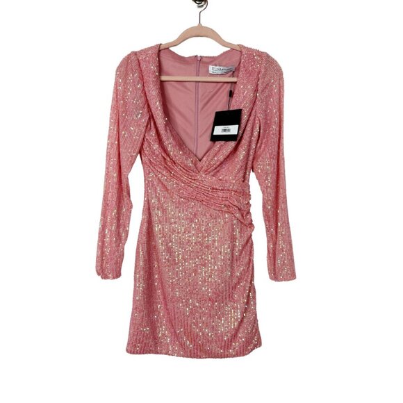 NWT Mac Duggal Sequined Plunging Draped V-Neck Dress Long Sleeve Coral 2 #7986 - Picture 2 of 6